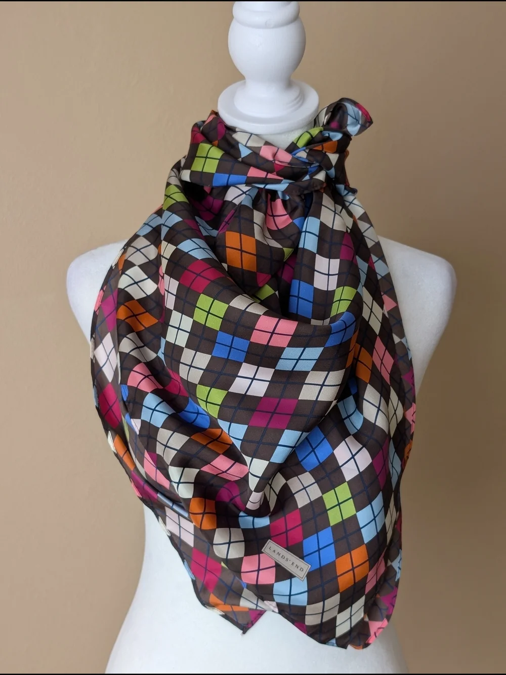 100% Silk Scarf Argyle Style Diamond Geometric 36x36
